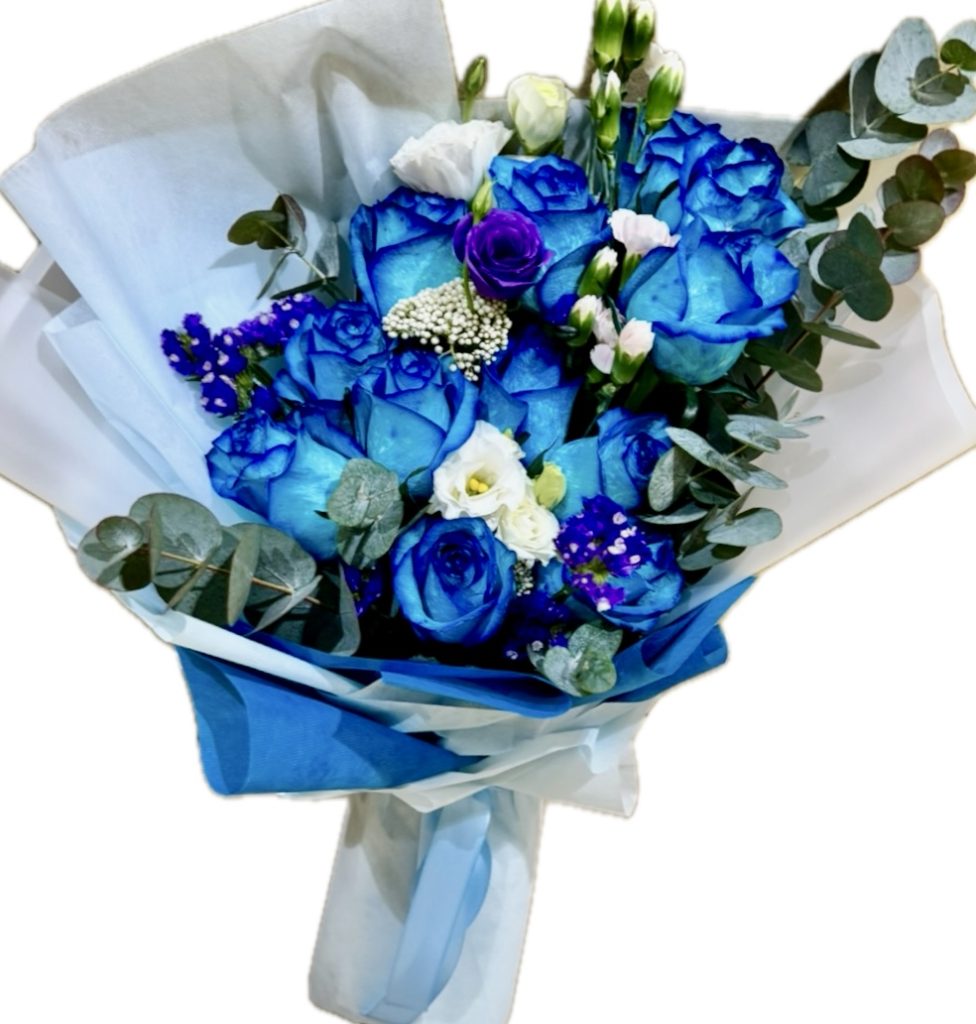 Unique beauty – huge lovely one dozen blue roses with seasonal fillers ...